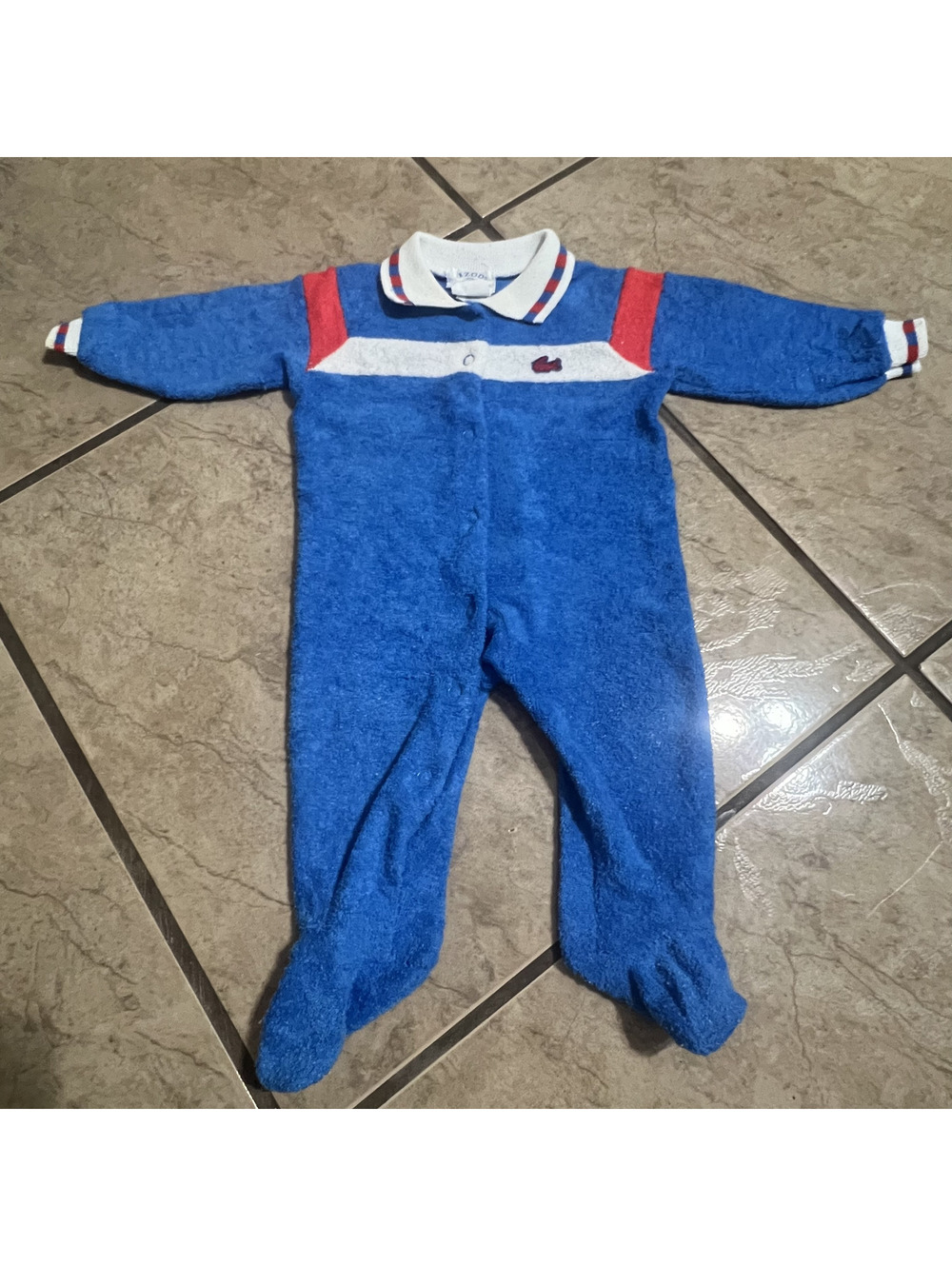 Vintage Izod Lacoste Terry Cloth Blue Red Striped Baby One Piece Footies 3/6M